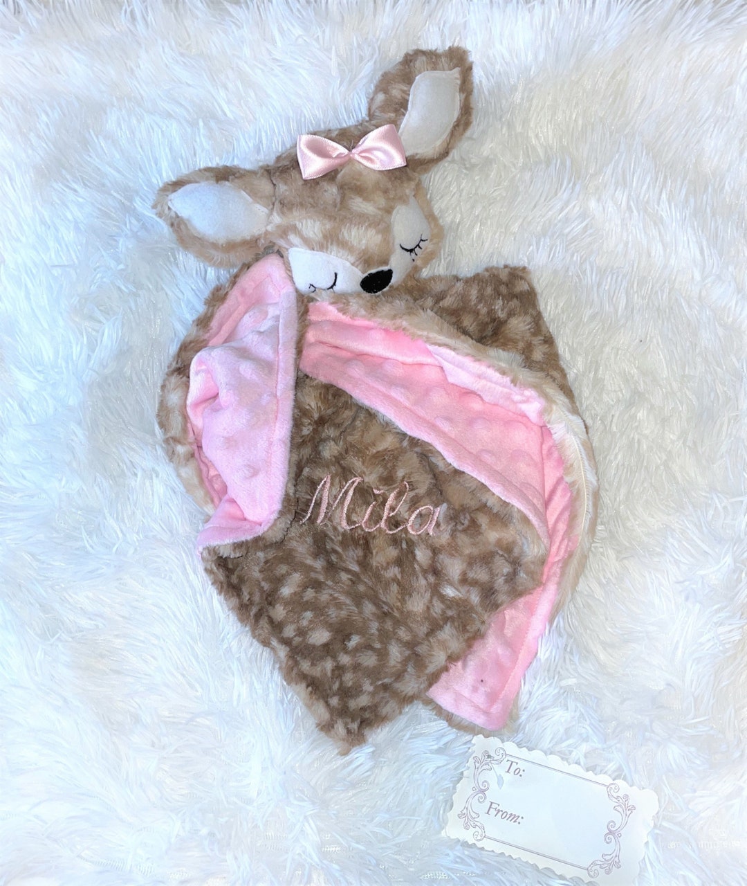 Personalized Baby Lovey With Attached Plush Fawn/deer Toy, Brown