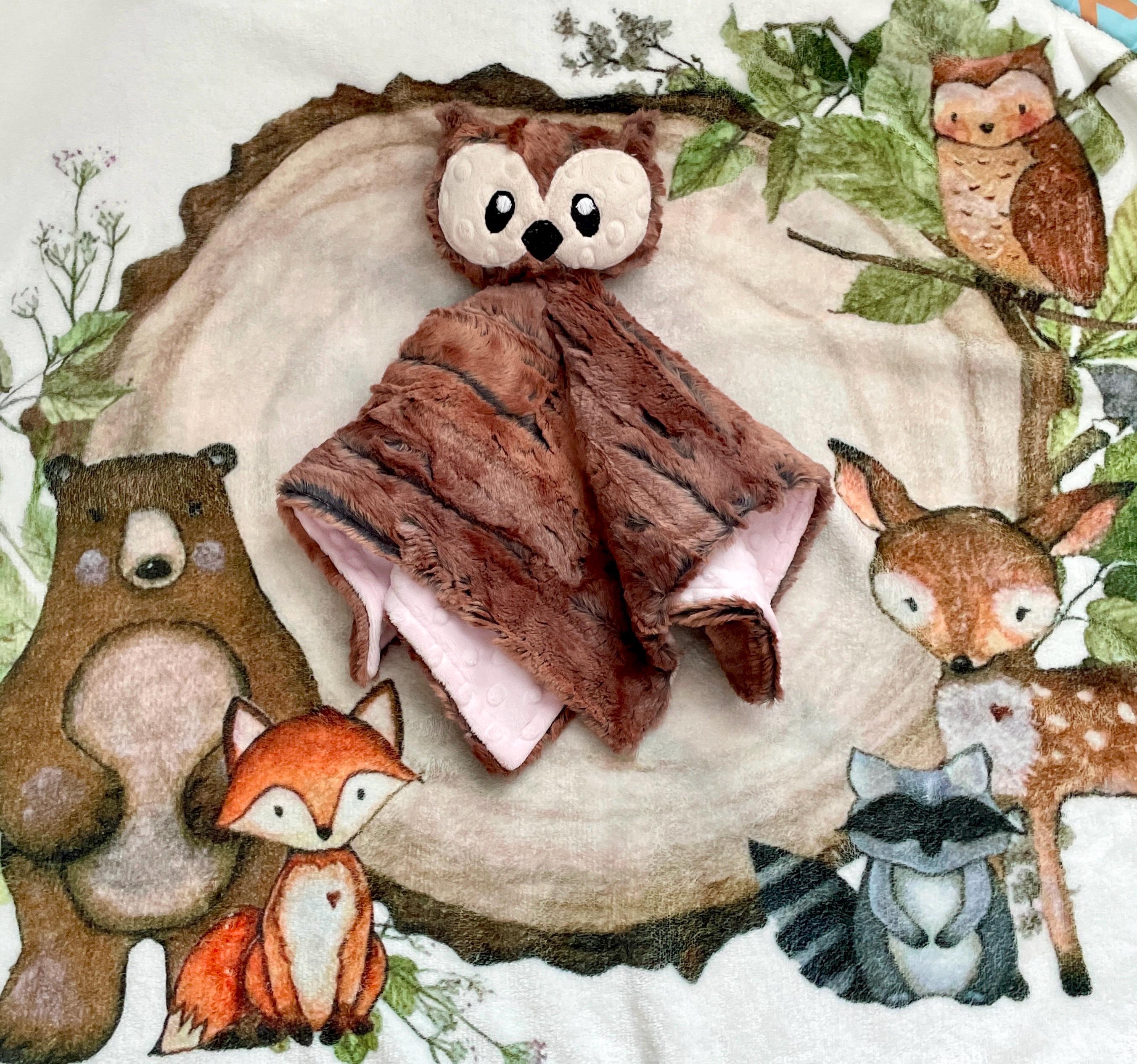 Minky Owl Lovey: Custom Handmade Security Blanket with Toy / Copper Owl Snuggler