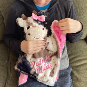 Ultra Soft Cow Lovey with Plush Toy/Custom Personalized Minky Girl Lovie Gift/Unique Farm Cow Security Blanket/Infant Baby Toddler Plush Toy