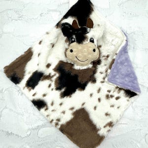 Personalized Cow Lovey/Ultra Soft Minky Security Blanket with Plush Cow Toy/Unique Infant Baby Toddler Plush Gift/AKA Blanki Lovie lovy