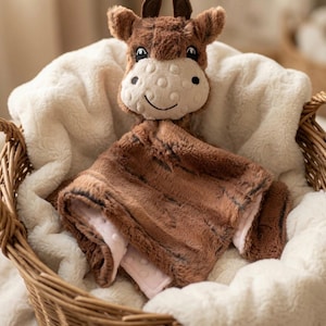 Highland Cow Minky Lovey Security Blanket with Plush Toy – Custom Embroidered Baby Gift
