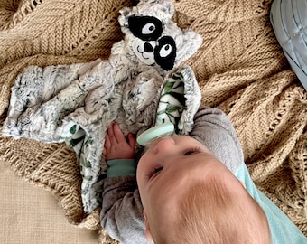 Personalized Raccoon Lovey, Soft Baby Blankie, Forest Animal Security Toy