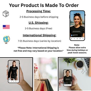 Puede incluir: Una camiseta negra con el texto THE ONLY BOUNDARIES I CROSS ARE INTERNATIONAL. La imagen muestra tres pantallas de smartphone con la camiseta puesta por diferentes personas, junto con texto sobre los tiempos de procesamiento y env&iacute;o.