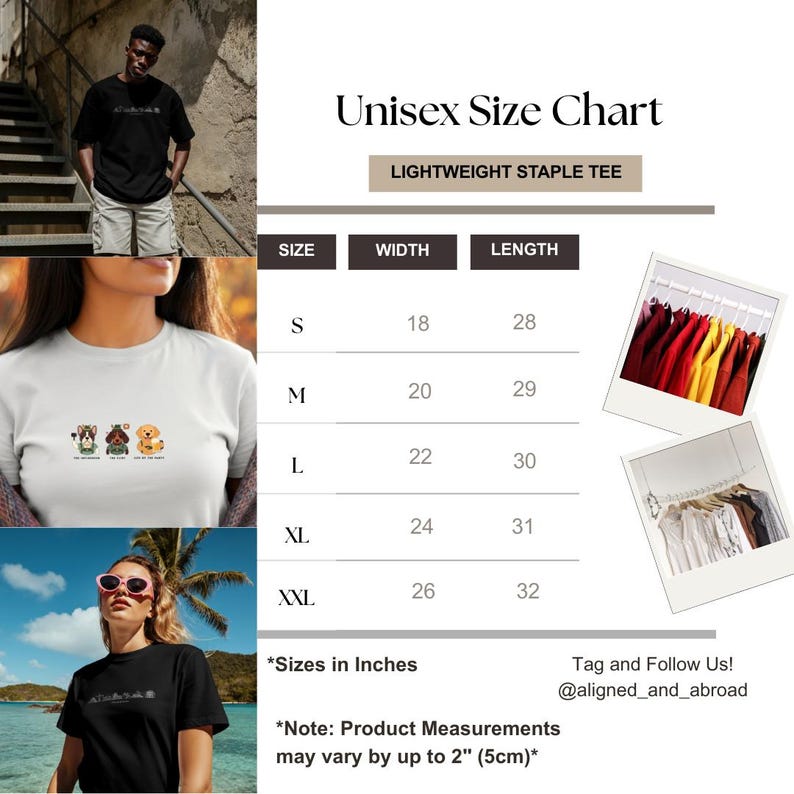 Puede incluir: Una tabla de tallas unisex para una camiseta ligera, con una tabla para tallas de S a XXL, anchos de 18 a 26 pulgadas y largos de 28 a 32 pulgadas. Incluye fotos de una camiseta negra, una blanca con tres perros y percheros de ropa.