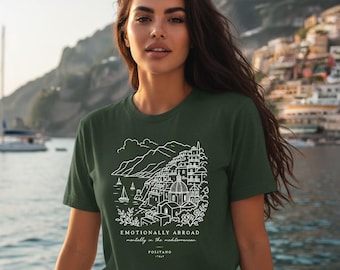 Camiseta de verano mediterránea, camiseta de la costa italiana, camiseta de la costa amalfitana, camiseta de vacaciones de verano europeas, camiseta de verano europea de moda