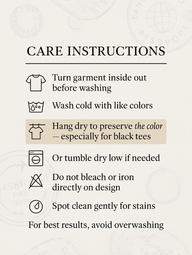 Puede incluir: Un gr&aacute;fico informativo blanco titulado CARE INSTRUCTIONS con texto e iconos negros. Enumera los pasos: dar la vuelta a la prenda, lavar en fr&iacute;o con colores similares, secar colgado, secar en secadora a baja temperatura, no usar lej&iacute;a ni planchar.