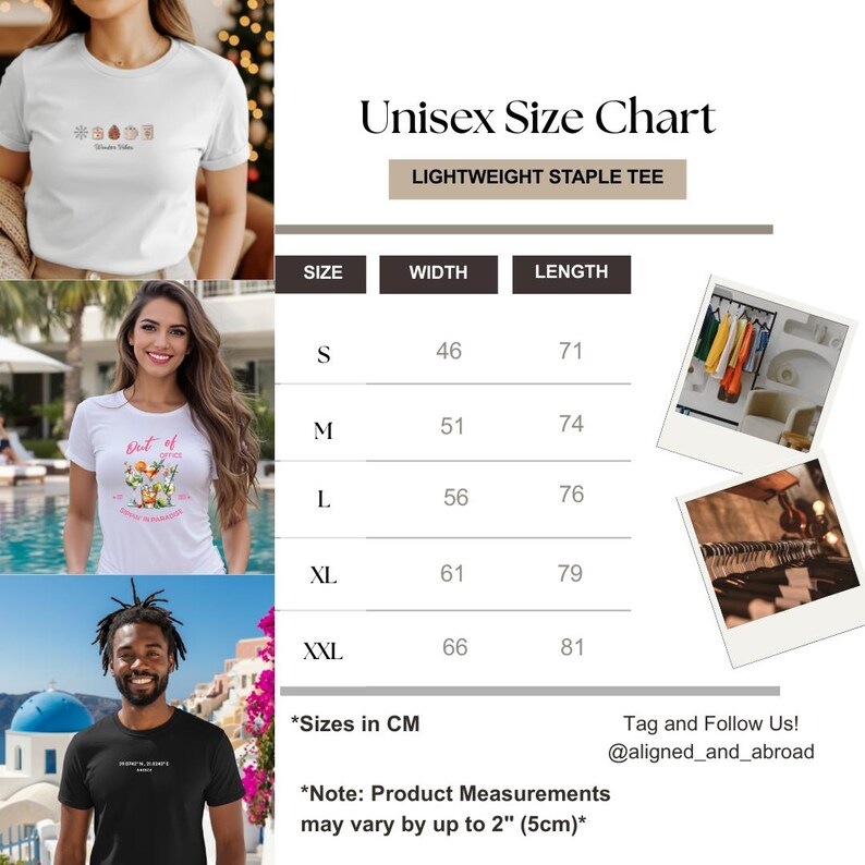 Puede incluir: Una tabla de tallas unisex para una camiseta ligera que incluye una tabla con tallas de la S a la XXL, anchos y largos en cm, y dos fotos peque&ntilde;as de camisetas. El texto incluye Unisex Size Chart, Lightweight Staple Tee y tallas en cm.