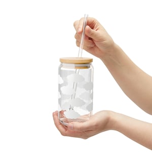 Eiskaffeeglas mit Strohhalm und Bambusdeckel, 16 Unzen, wunderliche Wolke Design Eiskaffeetasse, Geschenk für Sie, Bierdosentasse, Kaffeeliebhaber Geschenk
