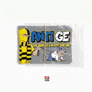 May include: A stack of rectangular stickers in a clear plastic bag held by a rubber band. The design features a person in a yellow and black mask and scarf holding a leash attached to a cartoon character. Text reads ANTI GE DIE NUMMER 1 IM POTT SIND WIR.
