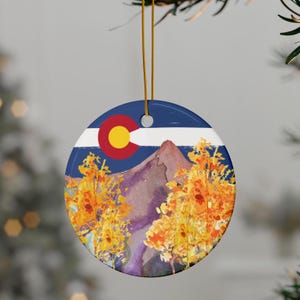 Colorado Christmas Ceramic Ornaments, Aspen Trees, Colorado Flag, Purple Mountains Majesty, 2-Sided Print, Souvenir