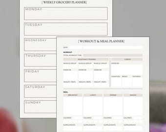 Planificador de comidas semanal y rastreador de actividad física con lista de compras imprimible, plan de menú de 7 días, planificador de comidas, tamaño A4/A5/Carta/Media página