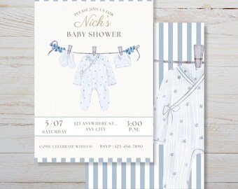 Plantilla de invitación para baby shower de niño, invitación sencilla para baby shower, bebé de mezclilla azul, invitación a rayas azules, picnic vintage, simple y brillante