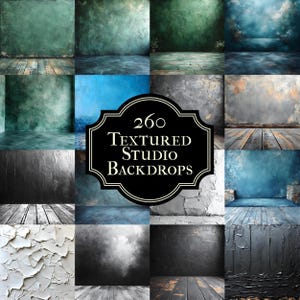 May include: A collage of 260 textured studio backdrops. The backdrops are a variety of colours and textures, including green, blue, grey, and black. The backdrops are ideal for photographers and videographers who want to create unique and interesting backgrounds for their work.