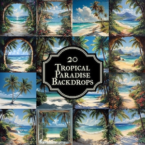 May include: A collage of 20 tropical paradise backdrops featuring images of beaches, palm trees, and turquoise water. The images are arranged in a grid pattern and are all framed in a white window.