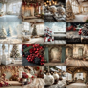 May include: A collage of Christmas-themed images. The images feature decorated Christmas trees, ornaments, and festive settings. Some scenes include snow, berries, and rustic wooden backgrounds, creating a warm, holiday atmosphere.