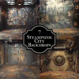 Puede incluir: Siete fondos de ciudad steampunk con diferentes escenarios industriales. Los fondos están hechos de madera, metal y ladrillo. Son perfectos para crear una escena única y atmosférica para tu fotografía u obra de arte.