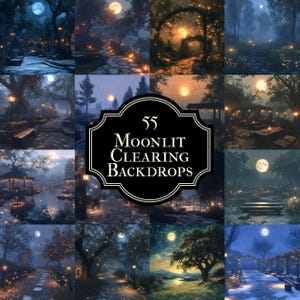 Può includere: Una collezione di 55 sfondi digitali che rappresentano radure boschive illuminate dalla luna con luci scintillanti, alberi e sentieri. Gli sfondi sono perfetti per creare scene magiche e incantevoli.