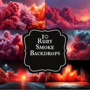 Puede incluir: Un conjunto de fondos digitales con efectos de humo rojo y naranja vibrantes. Las imágenes muestran varias formaciones de nubes y escenas atmosféricas, con el texto "IO Ruby Smoke Backdrops" en un marco decorativo.