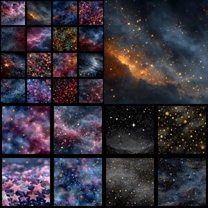 May include: A collection of celestial-themed digital art pieces. The images showcase various starry night skies with swirling nebulae in shades of blue, purple, orange, and gold. Some feature star-shaped glitter.