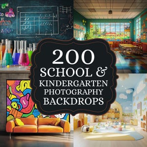 Può includere: Un collage di quattro immagini che mostrano diversi sfondi per la fotografia scolastica e dell'asilo. Le immagini includono una lavagna con equazioni matematiche, un'aula con banchi e sedie, un murale astratto colorato e una sala giochi con un tappeto colorato e giocattoli.