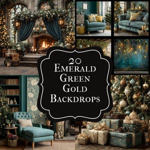 Può includere: Un collage di immagini con sfondi verde smeraldo e oro. L'immagine centrale ha uno sfondo nero con il testo "20 Emerald Green Gold Backdrops". Le altre immagini mostrano scene di interior design.