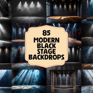 Könnte beinhalten: 85 Moderne Schwarze Bühnenhintergründe. Eine Collage von Bildern, die verschiedene schwarze Bühnenhintergründe mit unterschiedlichen Lichteffekten und Texturen zeigen. Die Hintergründe verfügen über Holzböden, Scheinwerfer und Raucheffekte.