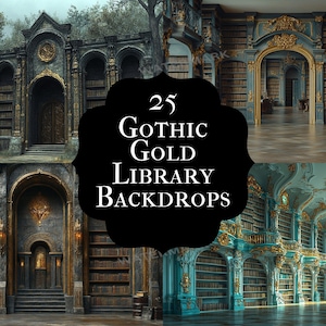 Gothic Gold Ornate Library Backdrop: 25 PNGs Dark Fantasy Photography, Victorian Damask Textures, Elegant Black Gold Digital Backdrops