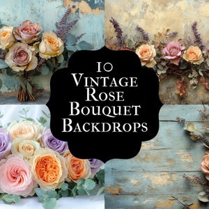 Vintage rose bouquet digital backdrops, floral PNG overlays, shabby chic photography backgrounds, pink flower scene composite props
