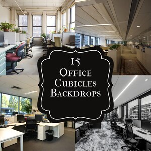 May include: A collage of office cubicle backdrops. The image features various office spaces with desks, chairs, computers, and windows. A black and white framed text overlay reads "15 Office Cubicles Backdrops".