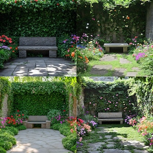 Puede incluir: Imagen de cuatro paneles de escenas de jardín. Cada escena presenta un banco de piedra rodeado de exuberante vegetación y flores coloridas. Los bancos son rectangulares y parecen ser de piedra. Los jardines tienen senderos de piedra.