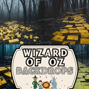 May include: A composite image featuring a forest scene with a yellow brick road. The road leads through a dark, misty forest. The image also includes a sign that reads "Wizard of Oz Backdrops" with cartoon characters.