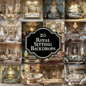 May include: A collage of 20 images showcasing royal sitting backdrops. Each image features a luxurious interior with ornate furniture, gold accents, and intricate details. The backdrops are perfect for creating elegant and sophisticated photoshoots.
