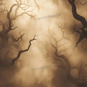 May include: An artistic digital rendering of a forest scene with bare, gnarled trees. The branches reach out against a hazy, sepia-toned background. The image evokes a sense of mystery and the unknown.