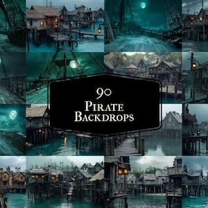 Puede incluir: Un collage de 90 fondos de piratas digitales. Las imágenes representan un pueblo pirata con estructuras de madera, muelles y puentes sobre el agua. Las escenas están ambientadas de noche con luna llena y faroles.