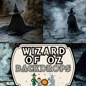 Może przedstawiać: Cyfrowy obraz czarownicy w czarnym płaszczu i kapeluszu, w mglistym, brukowanym otoczeniu. Zawiera tekst "WIZARD OF OZ BACKDROPS" i postacie z kreskówek.