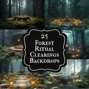 Pode incluir: Uma imagem composta de cenas de floresta com luzes brilhantes dispostas em círculos e caminhos. O texto na imagem diz "25 Forest Ritual Clearings Backdrops". As cenas são ambientadas em uma floresta nebulosa.