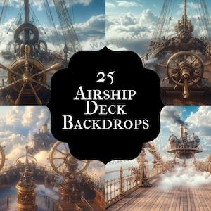 Könnte beinhalten: Eine Sammlung von 25 digitalen Hintergründen mit Steampunk-artigen Luftschiffen mit filigranen Details, darunter Zahnräder, Räder und Wolken. Die Hintergründe eignen sich perfekt für die Erstellung von Fantasy- oder Science-Fiction-Designs.