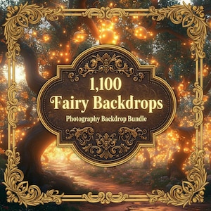 Puede incluir: Imagen digital de una escena de bosque de fantasía con orbes brillantes y un camino, enmarcada por un borde dorado decorativo. El elemento central es un emblema marrón y dorado con el texto "1.100 Fairy Backdrops Photography Backdrop Bundle."