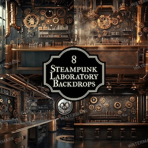 Op de afbeelding: Acht steampunk-laborachtergronden met een bar, koperen pijpen, tandwielen en een donkerbruine toonbank. De achtergronden zijn perfect om een unieke en meeslepende sfeer te creëren voor fotoshoots of videoproducties.