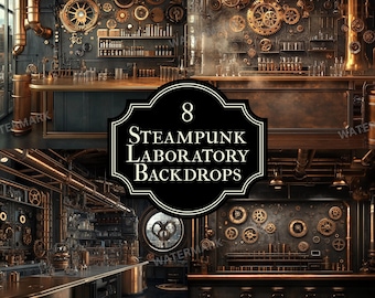 8 Steampunk Laboratory Backdrops - Vintage Industrial Photography Backgrounds, Steampunk Studio Set, Digital Download