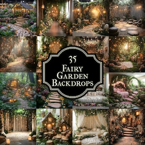 May include: A collage of 35 fairy garden backdrops showcasing whimsical scenes with lush greenery, twinkling lights, and charming details. The backdrops are ideal for creating magical and enchanting photoshoots.