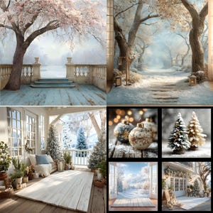 Può includere: Un collage di sfondi fotografici a tema invernale e festivo. Le scene includono un sentiero forestale innevato, un portico con alberi di Natale e primi piani di ornamenti e piccoli alberi di Natale. La tavolozza dei colori è tenue, con blu, verdi e bianchi tenui.