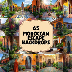 May include: A collection of 65 Moroccan-themed backdrops featuring intricate tilework, arches, and lush greenery. These backdrops are perfect for creating a vibrant and exotic atmosphere for photoshoots, videos, or virtual backgrounds.