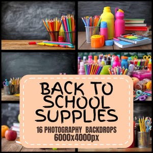 May include: A collage of images featuring school supplies. Colored pencils, water bottles, notebooks, and other items are arranged on a wooden surface. The text "BACK TO SCHOOL SUPPLIES" is displayed on a peach-colored rectangle.
