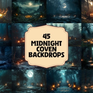 May include: A collection of 45 Midnight Coven backdrops. The images show mystical forest scenes with a full moon, glowing circles, and figures in cloaks. The colour palette is dark blue and gold.
