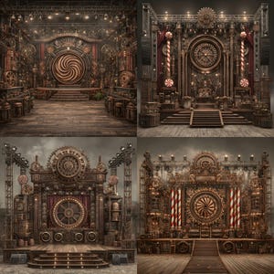 May include: Four steampunk-themed stage designs. Each stage features wooden platforms, intricate metalwork, gears, and decorative elements. The stages have a vintage, industrial aesthetic, with warm brown and bronze tones, and are lit with stage lights.