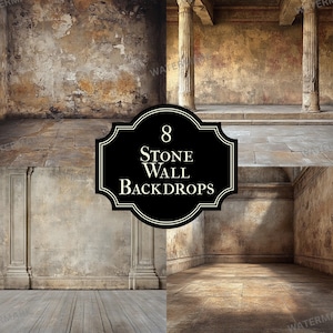 May include: A set of eight stone wall backdrops for photography. The backdrops feature different textures and colors, including a weathered stone wall, a stone wall with columns, and a stone wall with a wooden floor.