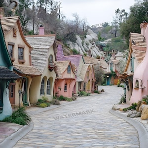 May include: A quaint street lined with colorful, whimsical cottages. The buildings feature pastel hues, arched windows, and textured roofs. A cobblestone road leads into the distance, creating a charming, storybook atmosphere. Lush greenery and large rocks add to the idyllic scene.