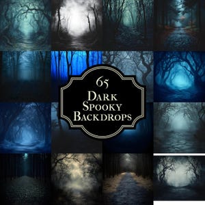 Pode incluir: Uma colagem de 65 cenários de floresta escuros e assustadores. As imagens apresentam árvores escuras e sombrias, nevoeiro e um brilho azul. O texto "65 DARK SPOOKY BACKDROPS" está em uma faixa preta e branca.
