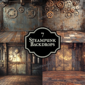 Puede incluir: Siete fondos steampunk con paredes de metal oxidado, engranajes y tuberías. Los fondos son perfectos para la fotografía o el arte digital.